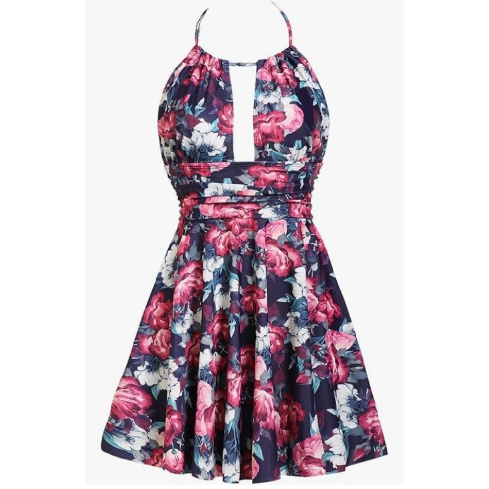 Plus Size 3XL Swim Dress Floral Halter Tummy Control One Piece Swimsuit NWT